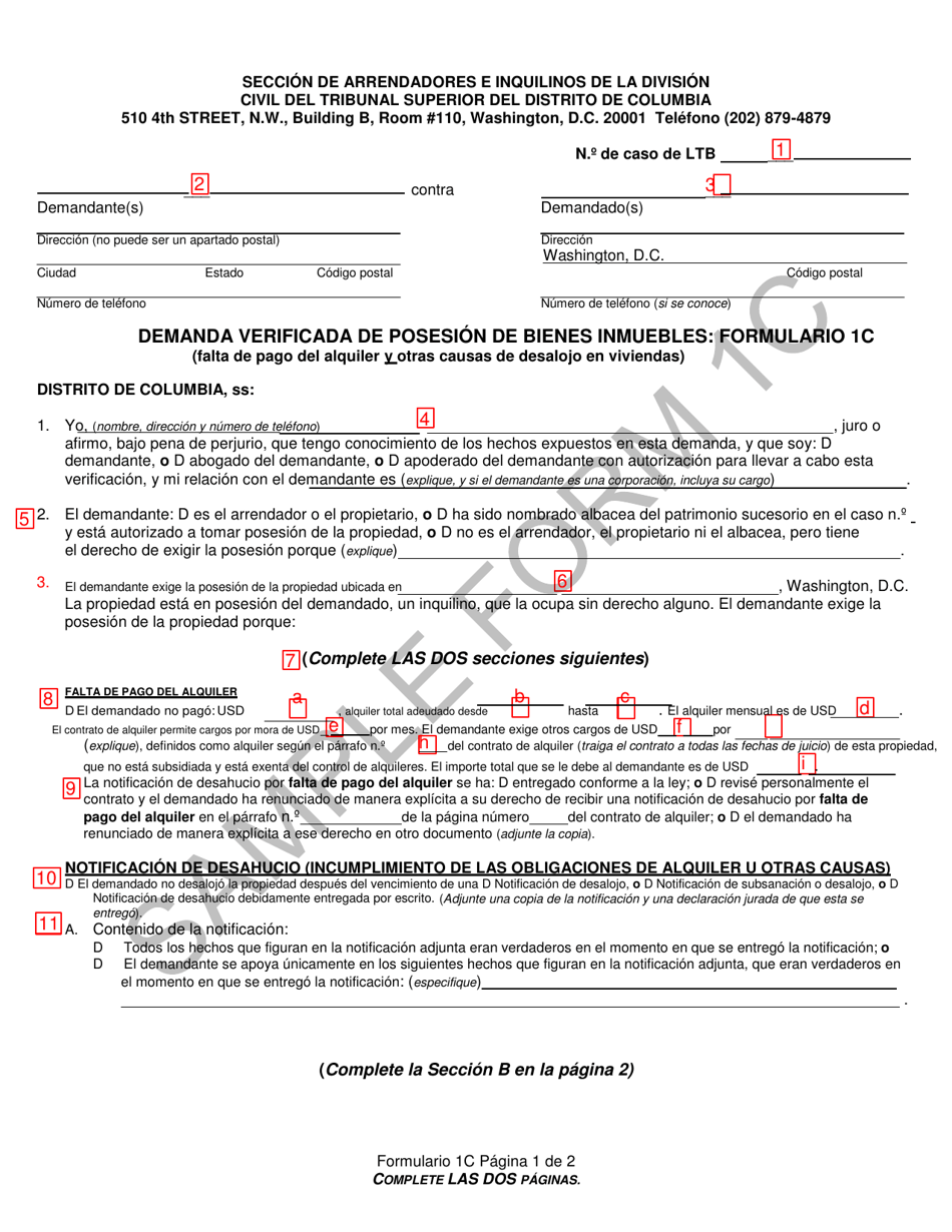 Instrucciones para Formulario 1C Demanda Verificada De Posesion De Bienes Inmuebles - Washington, D.C. (Spanish), Page 5