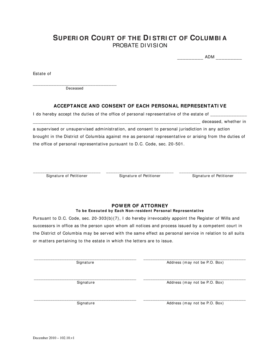 Acceptance and Consent of Each Personal Representative - Washington, D.C., Page 1