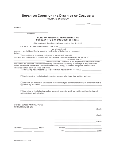Bond of Personal Representative Pursuant to D.c. Code SEC. 20-502(A) - Washington, D.C.