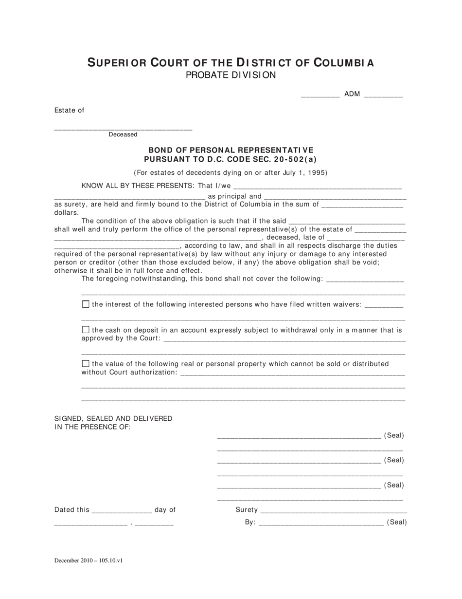 Bond of Personal Representative Pursuant to D.c. Code SEC. 20-502(A) - Washington, D.C., Page 1