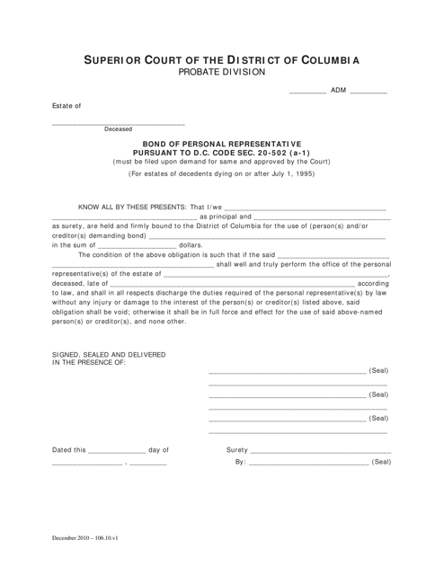 Bond of Personal Representative Pursuant to D.c. Code SEC. 20-502 (A-1) - Washington, D.C.