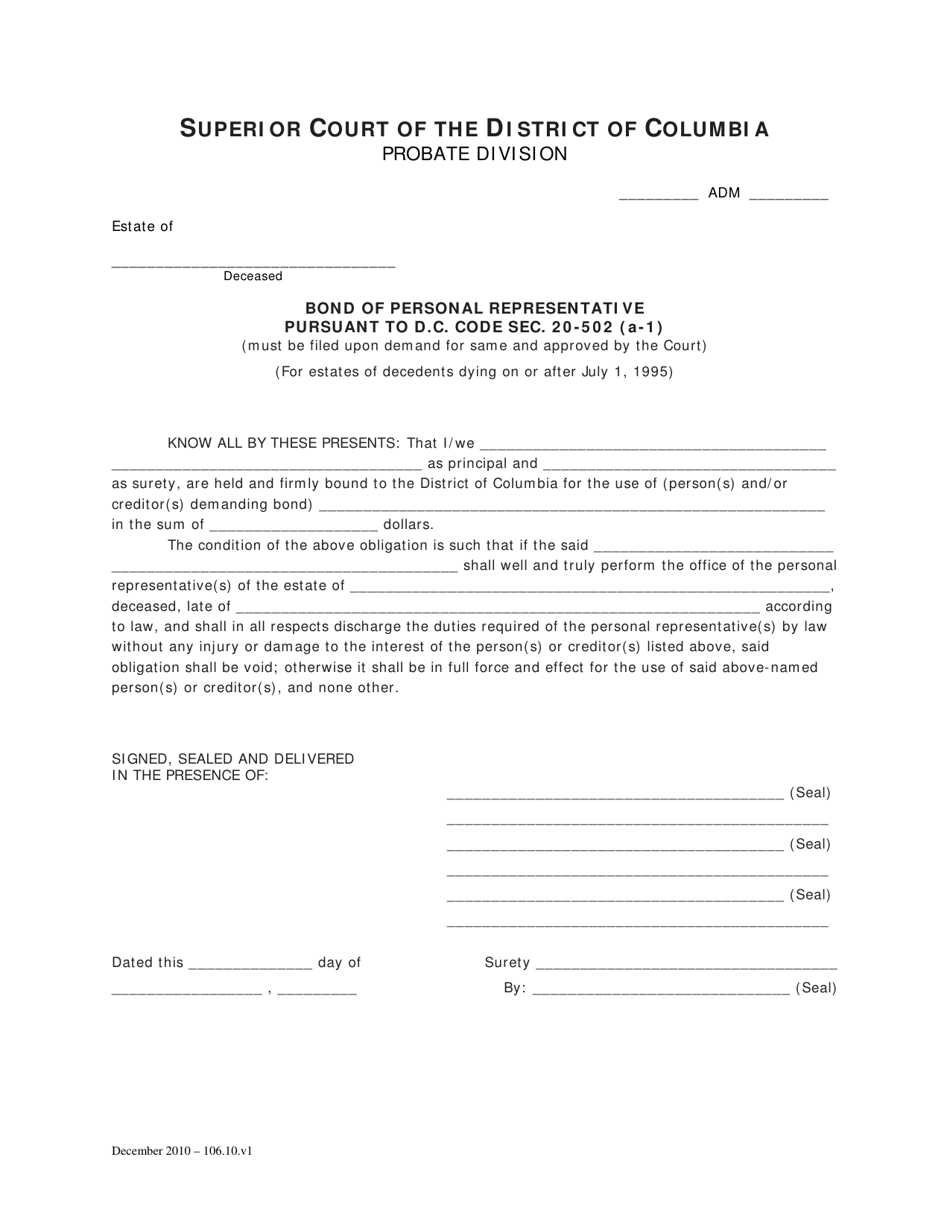 Bond of Personal Representative Pursuant to D.c. Code SEC. 20-502 (A-1) - Washington, D.C., Page 1