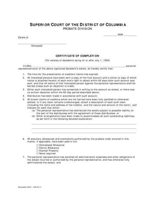 Certificate of Completion (For Estates of Decedents Dying on or After July 1, 1995) - Washington, D.C. Download Pdf