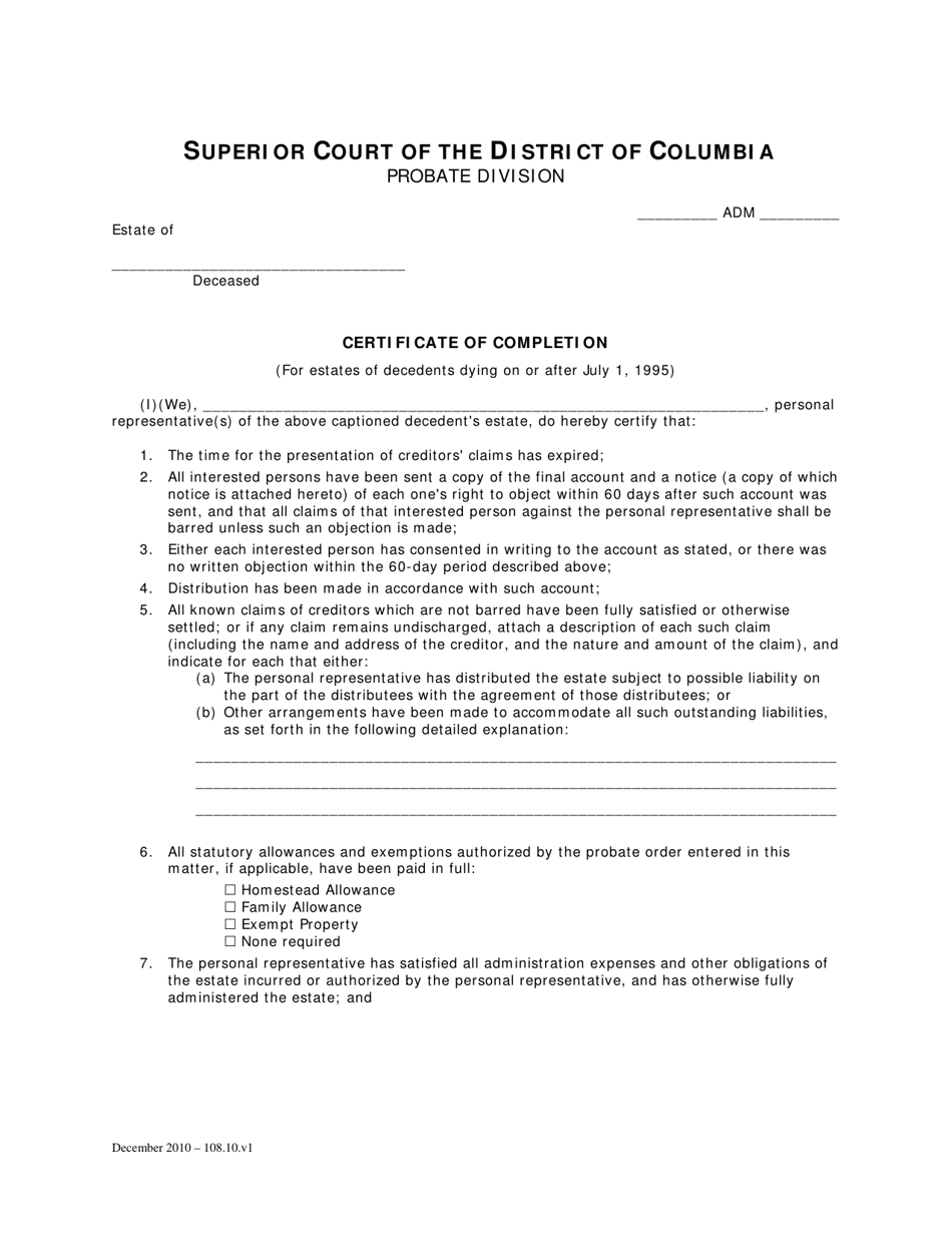 Certificate of Completion (For Estates of Decedents Dying on or After July 1, 1995) - Washington, D.C., Page 1