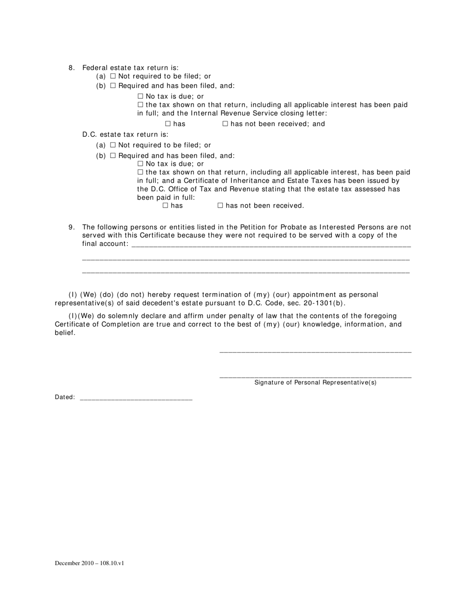 Certificate of Completion (For Estates of Decedents Dying on or After July 1, 1995) - Washington, D.C., Page 2