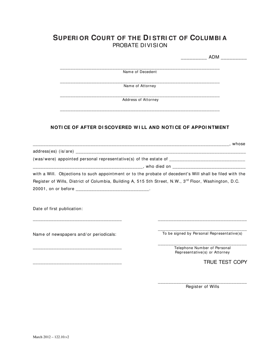 Notice of After Discovered Will and Notice of Appointment - Washington, D.C., Page 1
