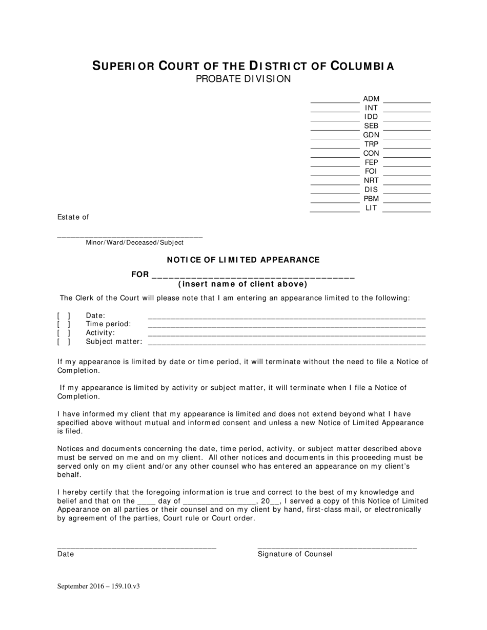 Notice of Limited Appearance and Notice of Completion Terminating Limited Appearance by Counsel - Washington, D.C., Page 1