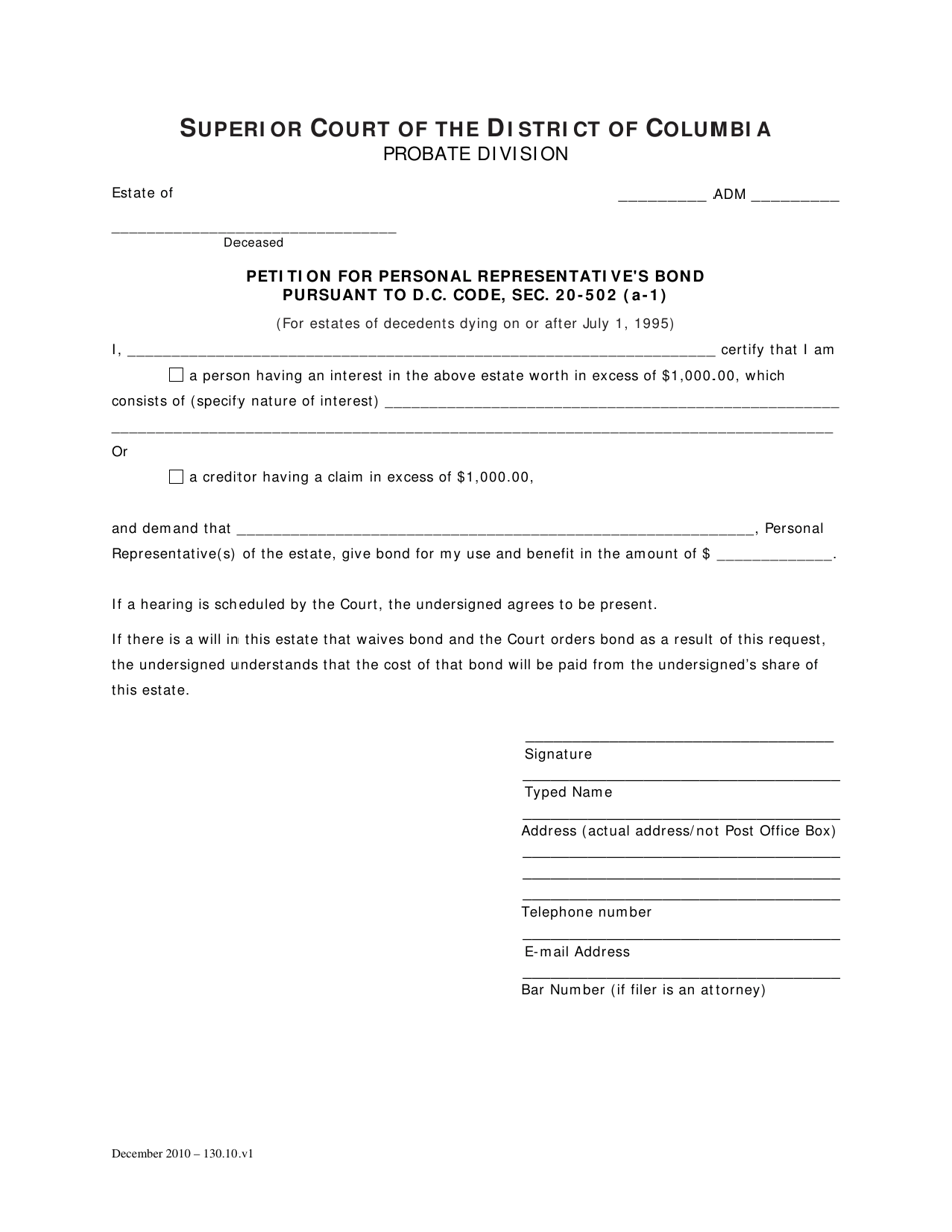 Petition for Personal Representatives Bond Pursuant to D.c. Code, SEC. 20-502 (A-1) - Washington, D.C., Page 1