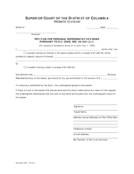Document preview: Petition for Personal Representative's Bond Pursuant to D.c. Code, SEC. 20-502 (A-1) - Washington, D.C.