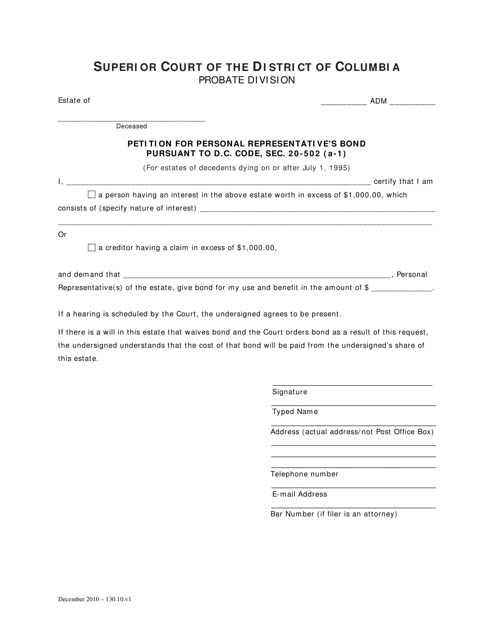 Petition for Personal Representative's Bond Pursuant to D.c. Code, SEC. 20-502 (A-1) - Washington, D.C.