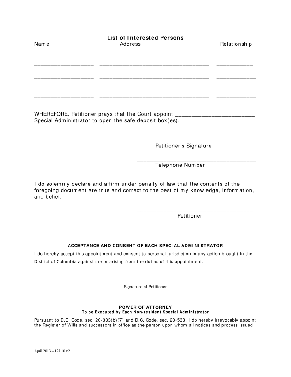 Petition for Appointment of Special Administrator to Open Safe Deposit Box and Order - Washington, D.C., Page 2
