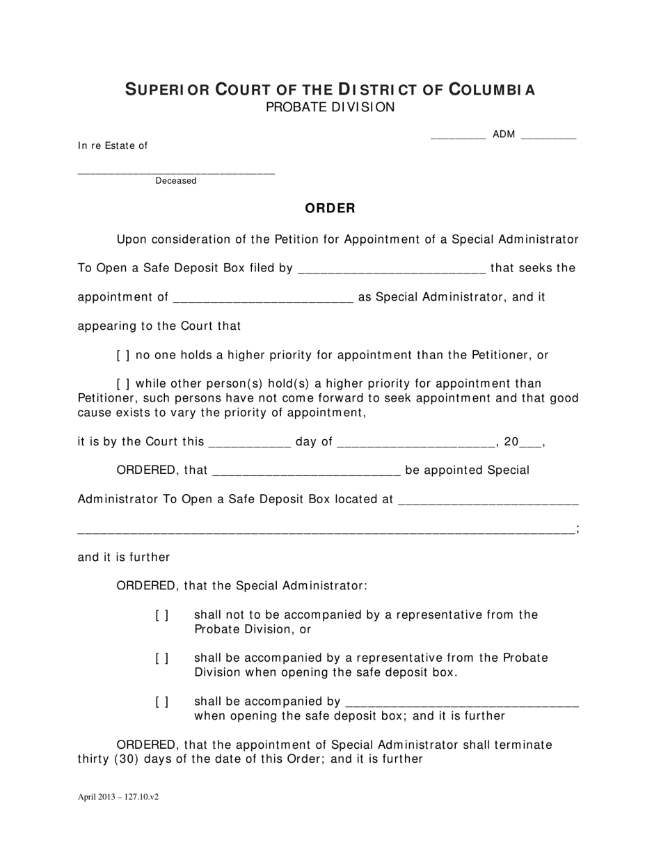 Petition for Appointment of Special Administrator to Open Safe Deposit Box and Order - Washington, D.C., Page 4