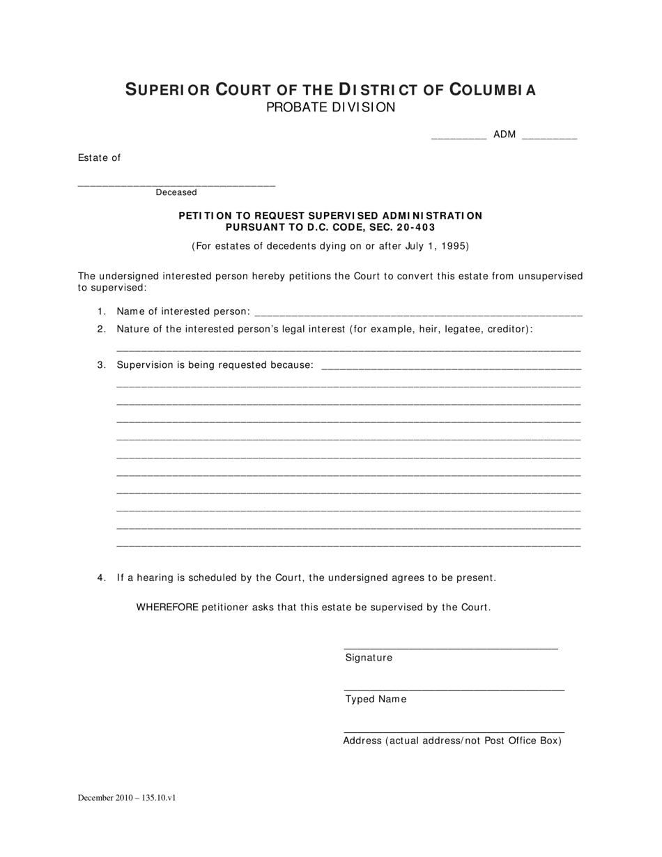 Petition to Request Supervised Administration Pursuant to D.c. Code, SEC. 20-403 and Order - Washington, D.C., Page 1