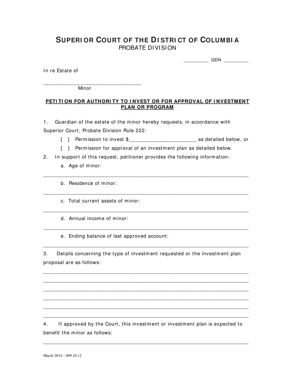 Petition for Authority to Invest or for Approval of Investment Plan or Program and Order - Washington, D.C., Page 1