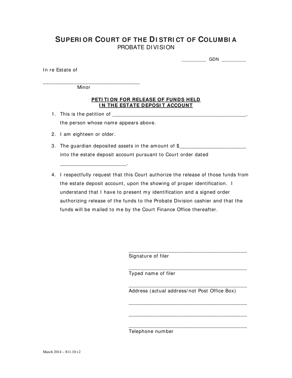 Petition for Release of Funds Held in the Estate Deposit Account and Order (Gdn) - Washington, D.C., Page 1