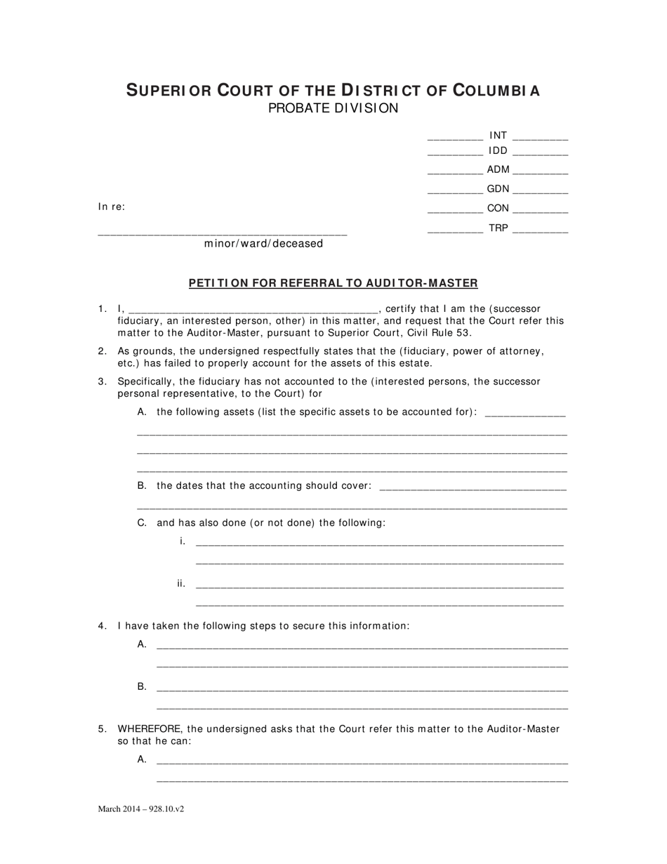 Petition for Referral to Auditor-Master and Order - Washington, D.C., Page 1