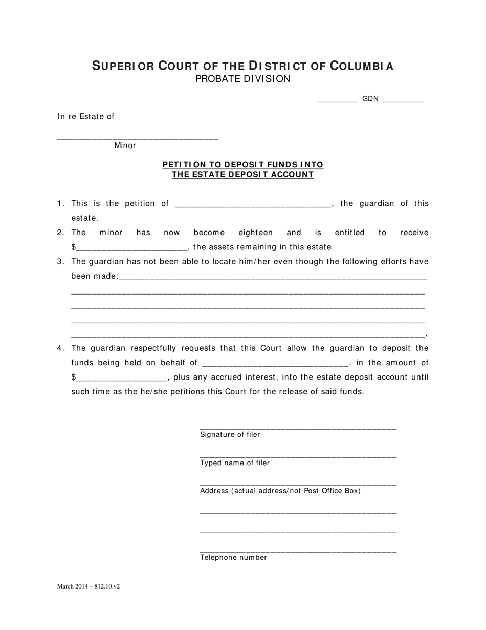 Petition to Deposit Funds Into the Estate Deposit Account and Order (Gdn) - Washington, D.C., Page 1