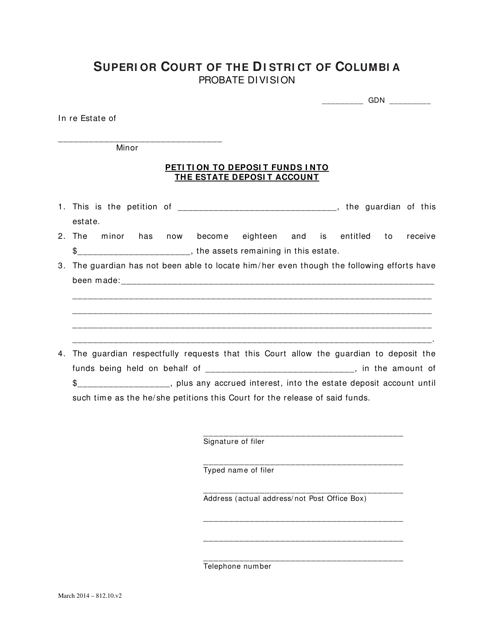 Petition to Deposit Funds Into the Estate Deposit Account and Order (Gdn) - Washington, D.C. Download Pdf