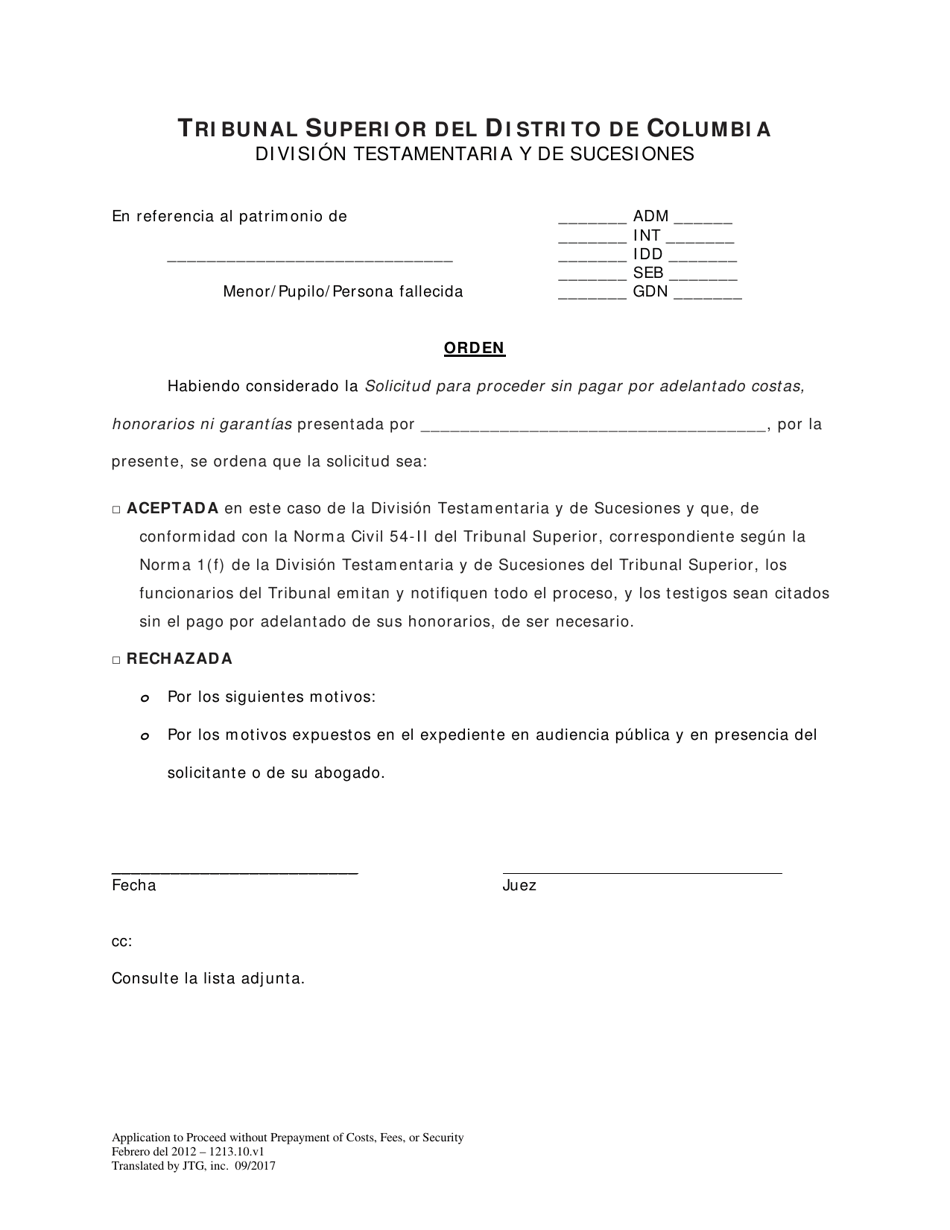 Solicitud Para Proceder Sin Pagar Por Adelantado Costas, Honorarios Ni Garantias (In Forma Pauperis) Y Orden (Lit) - Washington, D.C. (Spanish), Page 5
