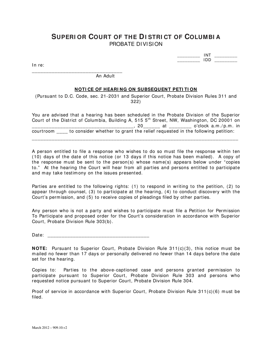 Notice of Hearing on Subsequent Petition - Washington, D.C., Page 1