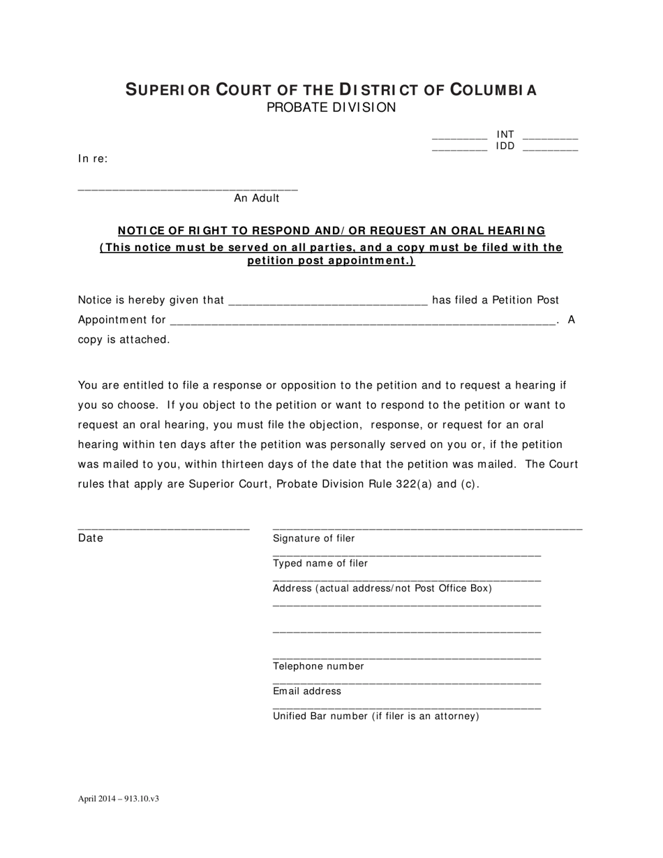 Notice of Right to Respond and / or Request an Oral Hearing - Washington, D.C., Page 1