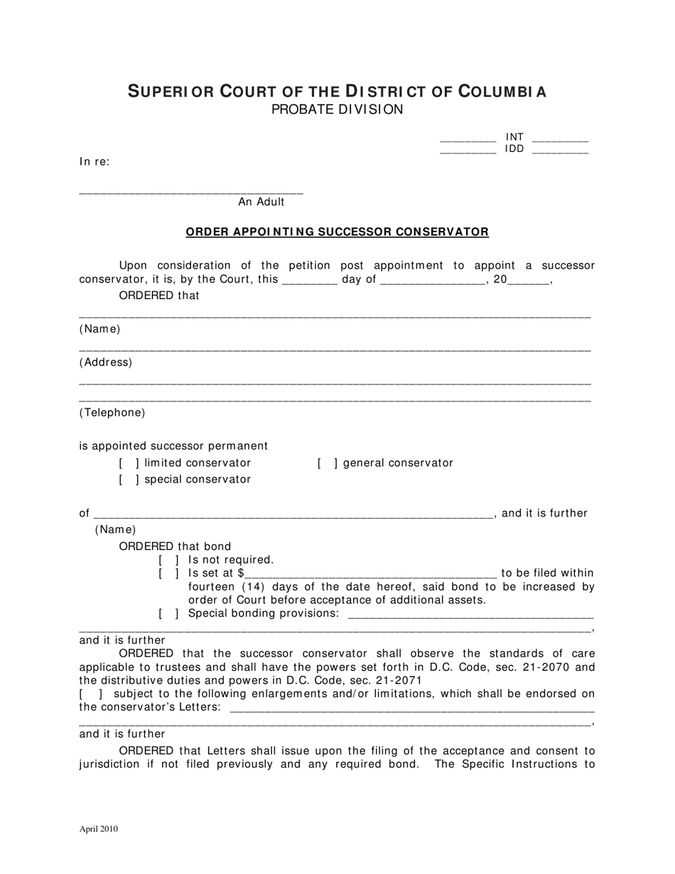 Order Appointing Successor Conservator - Washington, D.C., Page 1
