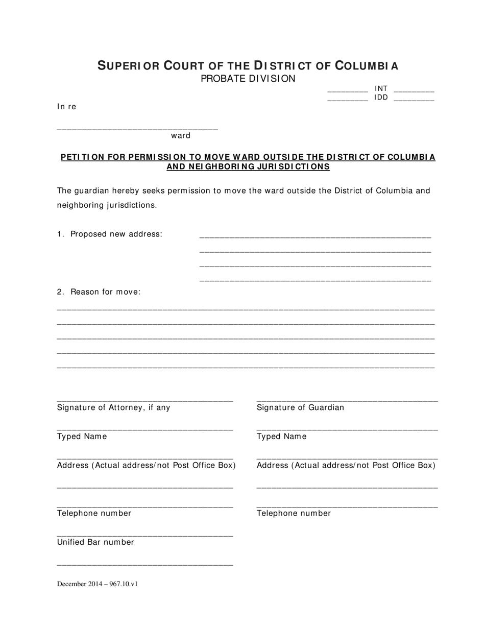 Petition for Permission to Move Ward Outside the District of Columbia and Neighboring Jurisdictions - Washington, D.C., Page 1