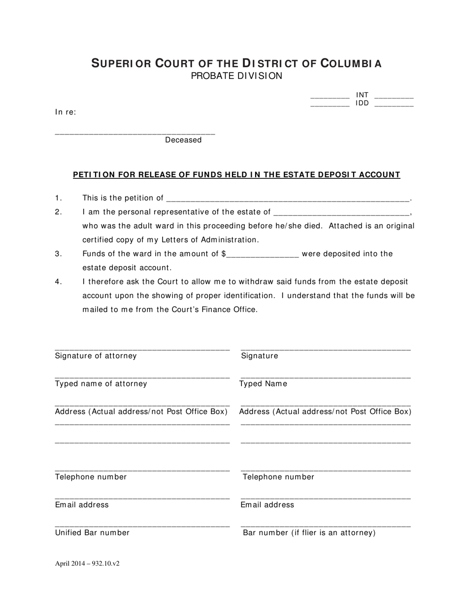 Petition for Release of Funds Held in the Estate Deposit Account and Order (Int) - Washington, D.C., Page 1