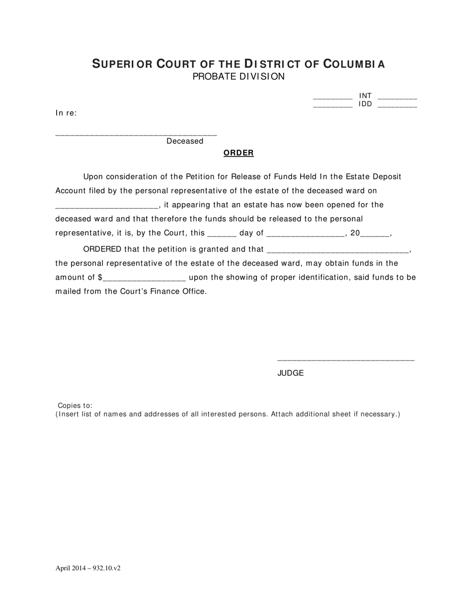 Petition for Release of Funds Held in the Estate Deposit Account and Order (Int) - Washington, D.C., Page 3