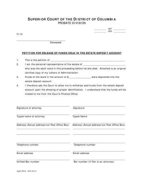 Petition for Release of Funds Held in the Estate Deposit Account and Order (Int) - Washington, D.C. Download Pdf