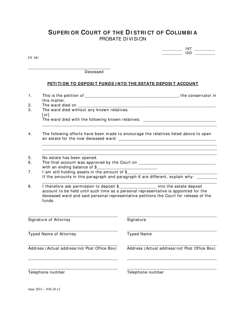 Petition to Deposit Funds Into the Estate Deposit Account and Order (Int) - Washington, D.C., Page 1