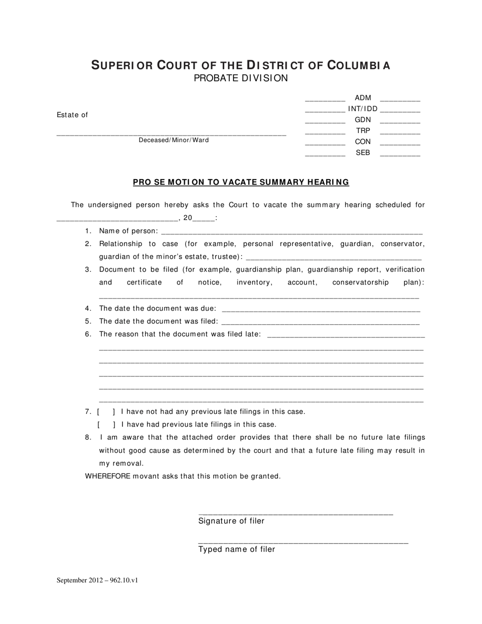 Pro Se Motion to Vacate Summary Hearing and Order - Washington, D.C., Page 1