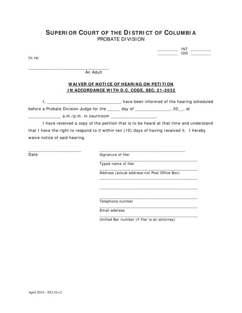 Waiver of Notice of Hearing on Petition in Accordance With D.c. Code, SEC. 21-2032 - Washington, D.C. Download Pdf