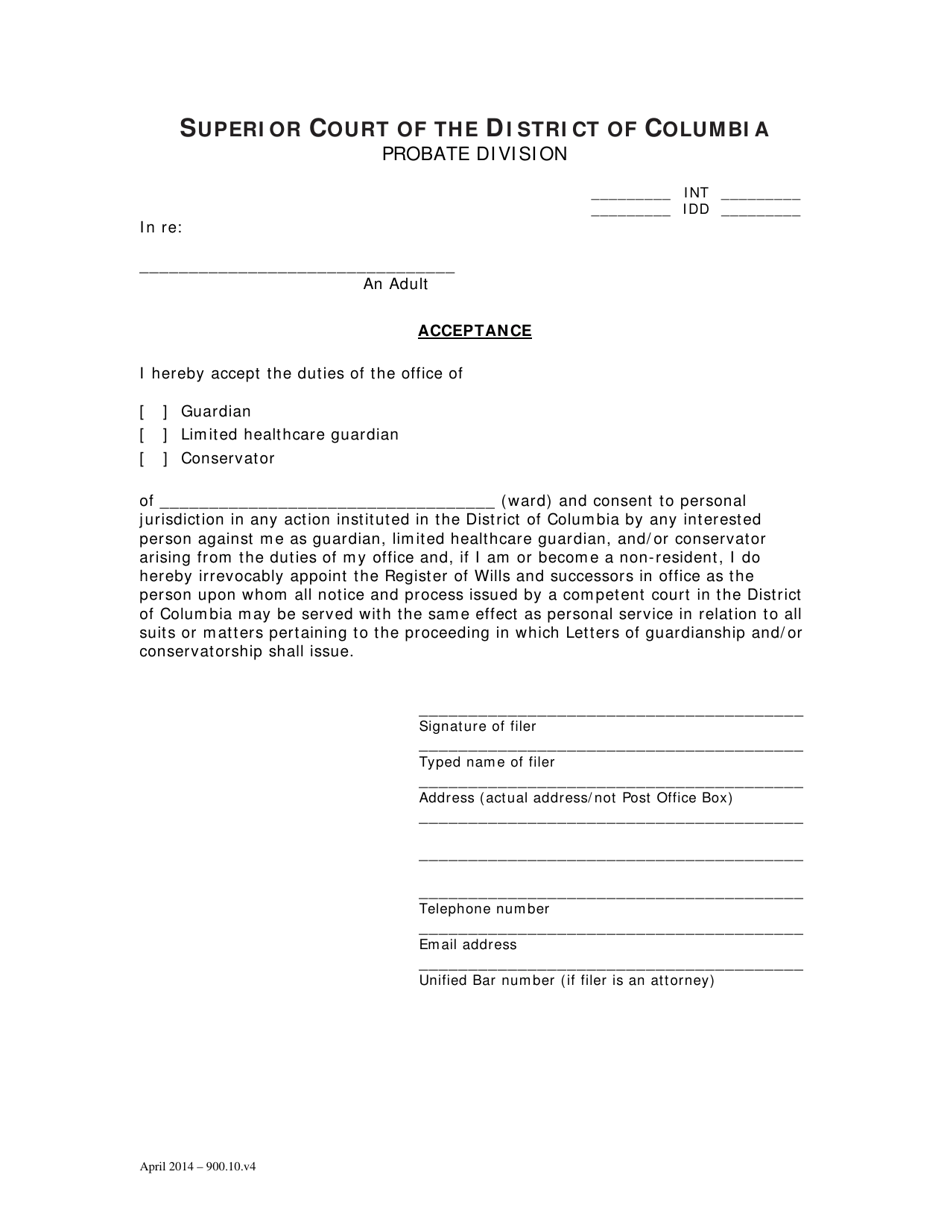 Acceptance of Appointment as Guardian / Conservator - Washington, D.C., Page 1