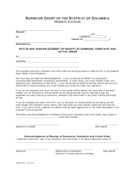 Document preview: Notice and Acknowledgment of Receipt of Summons, Complaint and Initial Order - Washington, D.C.