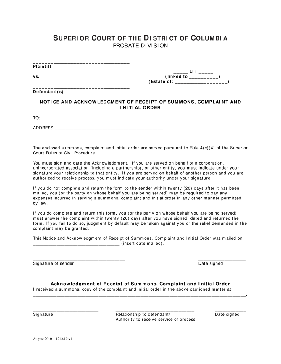 Notice and Acknowledgment of Receipt of Summons, Complaint and Initial Order - Washington, D.C., Page 1