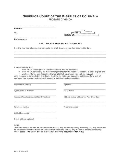 Certificate Regarding Discovery - Washington, D.C. Download Pdf