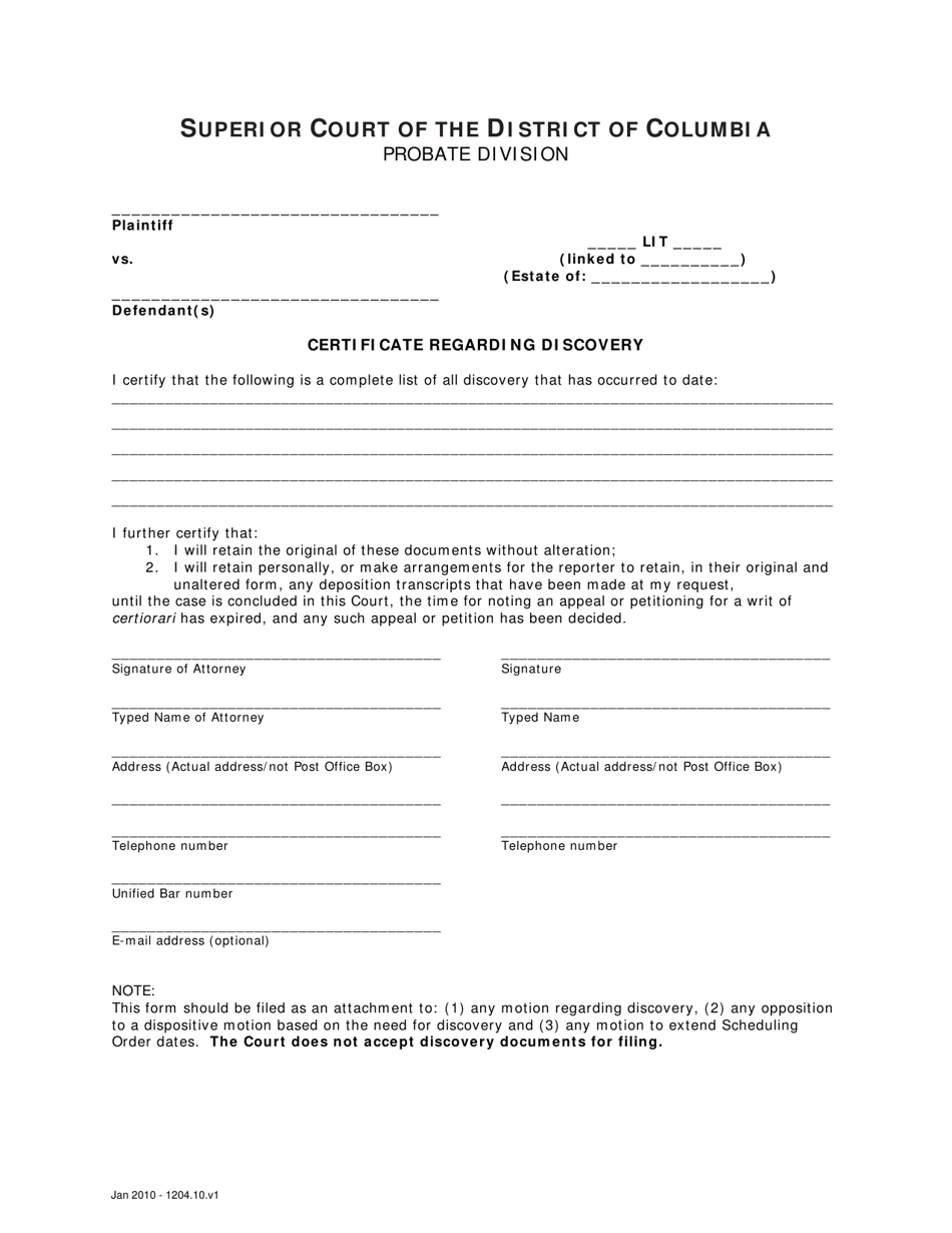 Certificate Regarding Discovery - Washington, D.C., Page 1