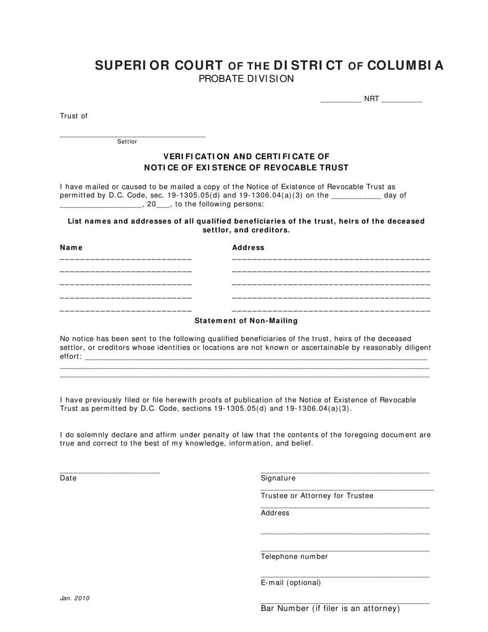 Verification and Certificate of Notice of Existence of Revocable Trust - Washington, D.C., Page 1
