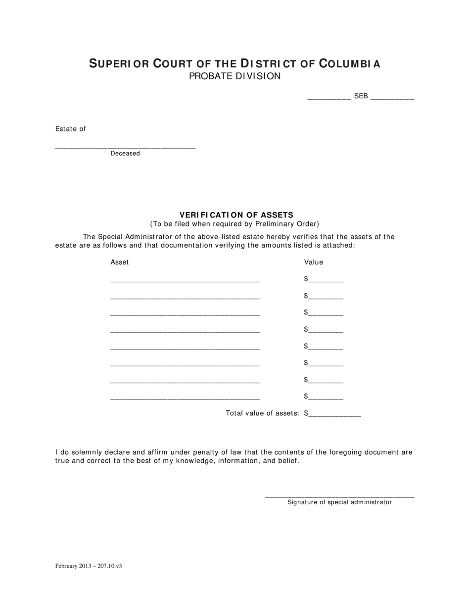 Verification of Assets - Washington, D.C., Page 1