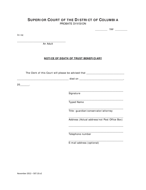 Notice of Death of Trust Beneficiary - Washington, D.C. Download Pdf
