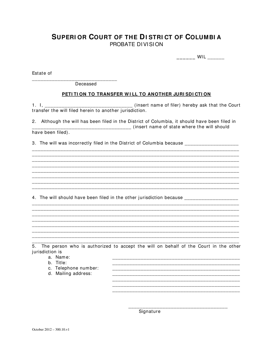 Petition to Transfer Will to Another Jurisdiction and Order - Washington, D.C., Page 1