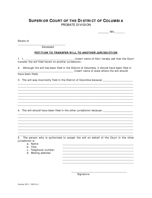 Petition to Transfer Will to Another Jurisdiction and Order - Washington, D.C. Download Pdf