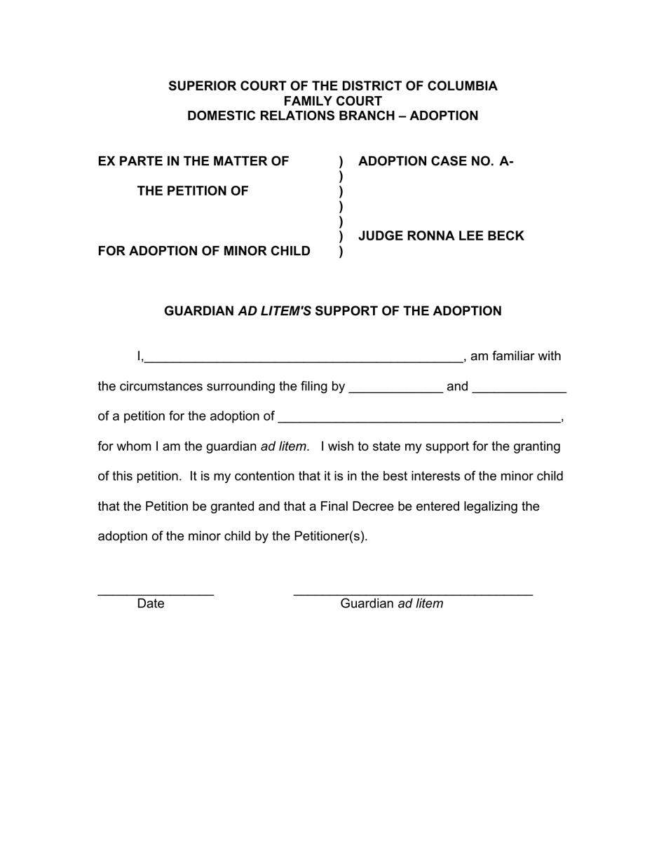 Washington, D.C. Guardian Ad Litem's Support of the Adoption Fill Out