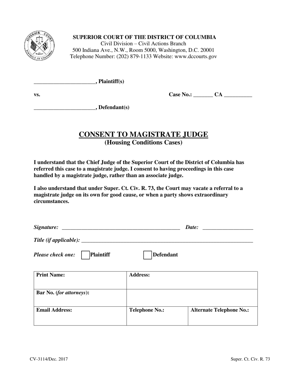 Form CV-3114 Consent to Magistrate Judge (Housing Conditions Cases) - Washington, D.C., Page 1