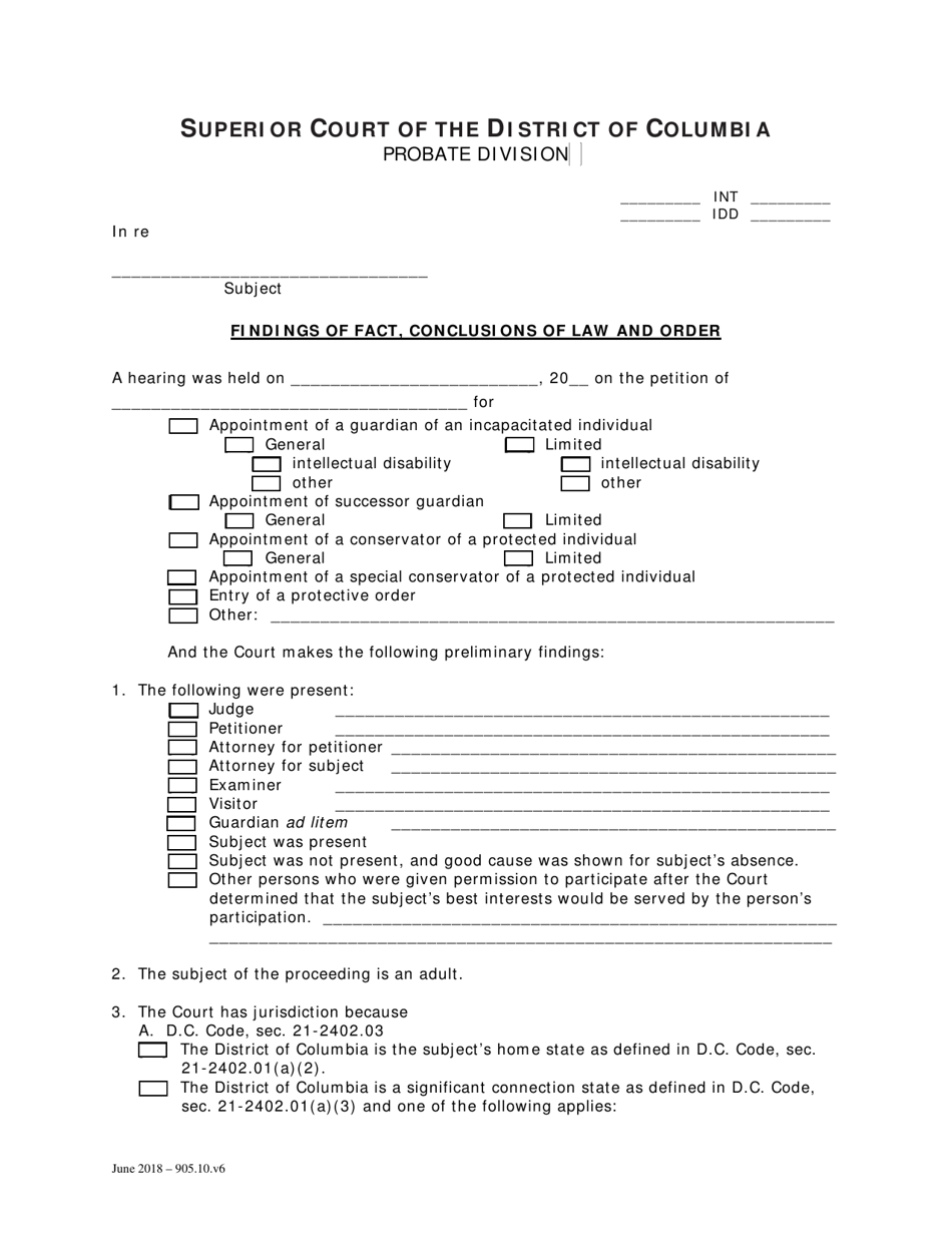 Findings of Fact, Conclusions of Law and Order - Washington, D.C., Page 1