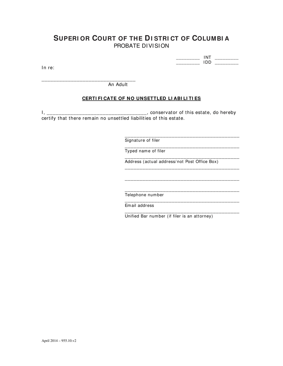 Certificate of No Unsettled Liabilities - Washington, D.C., Page 1