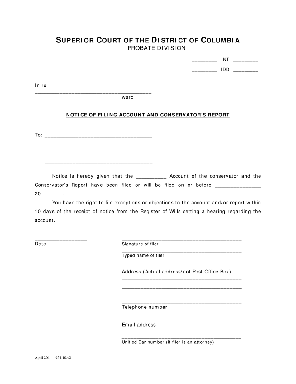 Notice of Filing Account and Conservators Report - Washington, D.C., Page 1