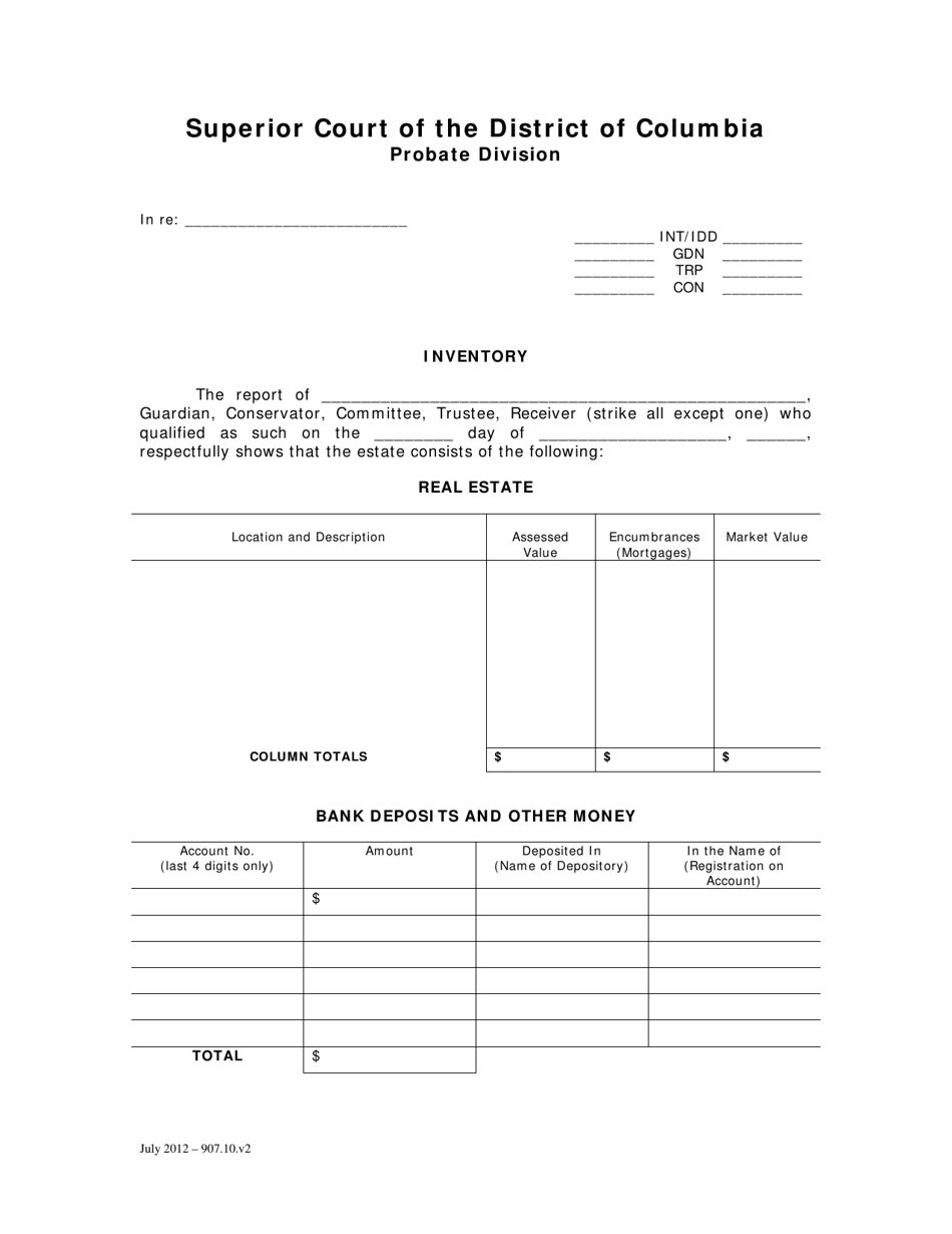Inventory Form - Washington, D.C., Page 1