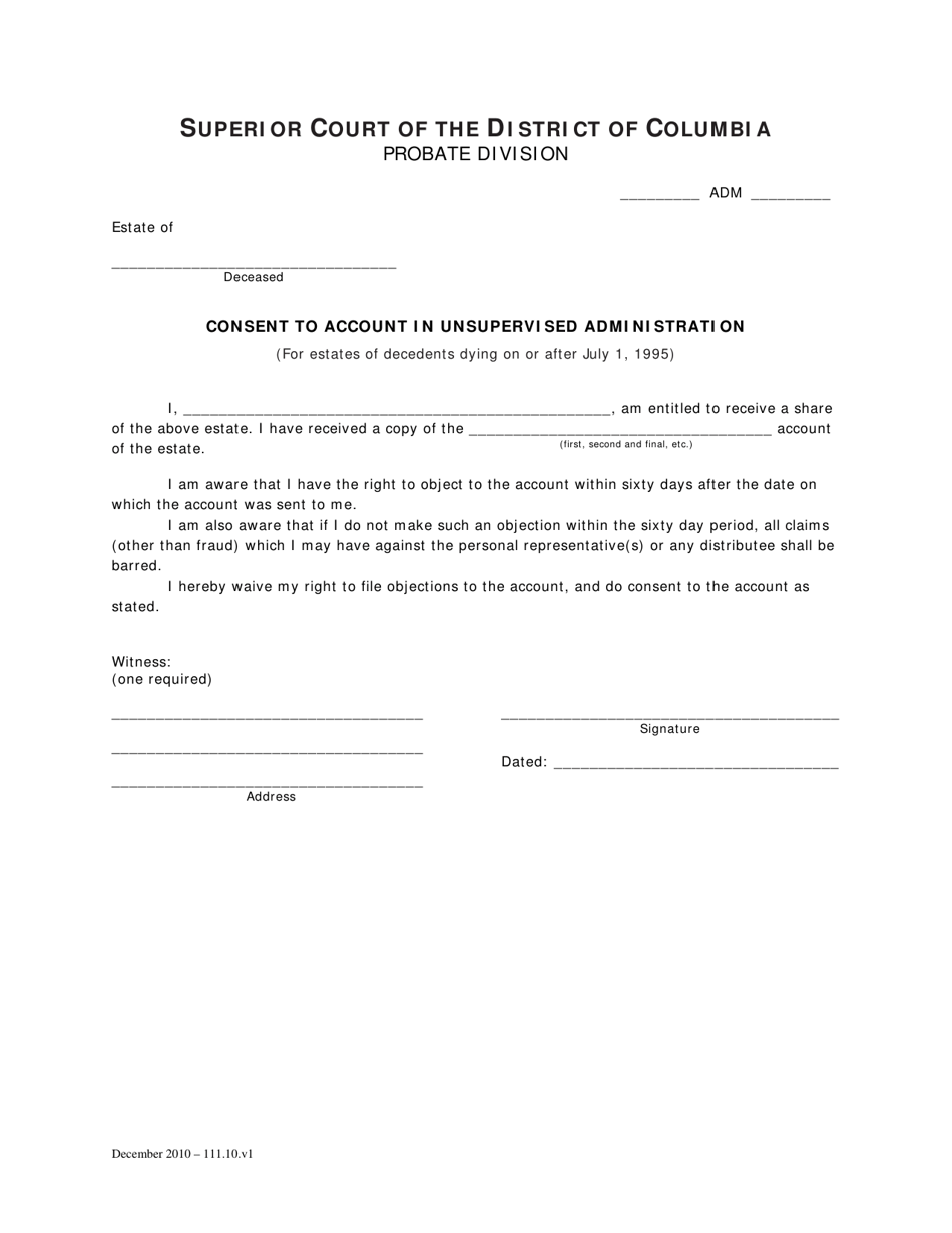 Washington, D.C. Consent to Account in Unsupervised Administration (For ...